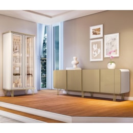 Sala de Jantar com Cristaleira Évora e Balcão Buffet Saluti Off White/Champanhe - HB Móveis