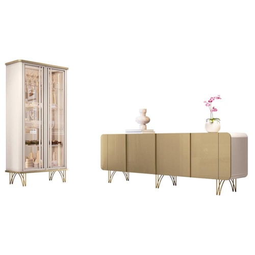 Sala de Jantar com Cristaleira Évora e Balcão Buffet Saluti Off White/Champanhe - HB Móveis
