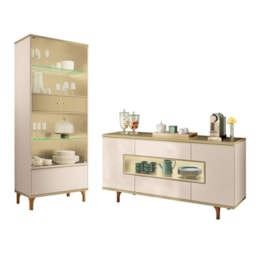 Sala de Jantar com Cristaleira Lumina e Buffet Aparador Murano Off White/Champanhe – HB Móveis