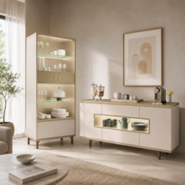 Sala de Jantar com Cristaleira Lumina e Buffet Aparador Murano Off White/Champanhe – HB Móveis