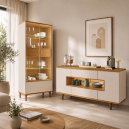 Sala de Jantar com Cristaleira Lumina e Buffet Aparador Murano Off White/Cinamomo – HB Móveis