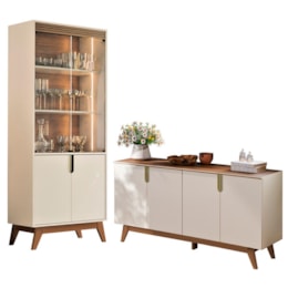Sala de Jantar com Cristaleira Paraty e Buffet Aparador Recife Off White/Amêndoa - Mobler