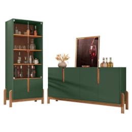 Sala de Jantar Lizz com Cristaleira e Buffet Aparador 4 Portas Verde Oliva/Cedro - Casa D Sala de Jantar Lizz com Cristaleira e Buffet Aparador 4 Portas Verde Oliva/Cedro - Casa D